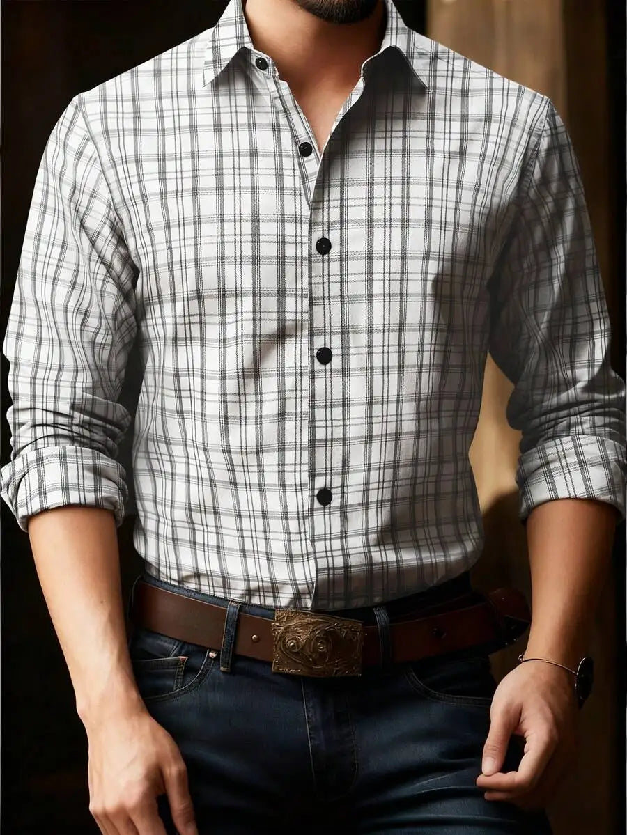 Men's Red White Plaid Long Sleeve Casual Western Shirt, Fall Winter Wear