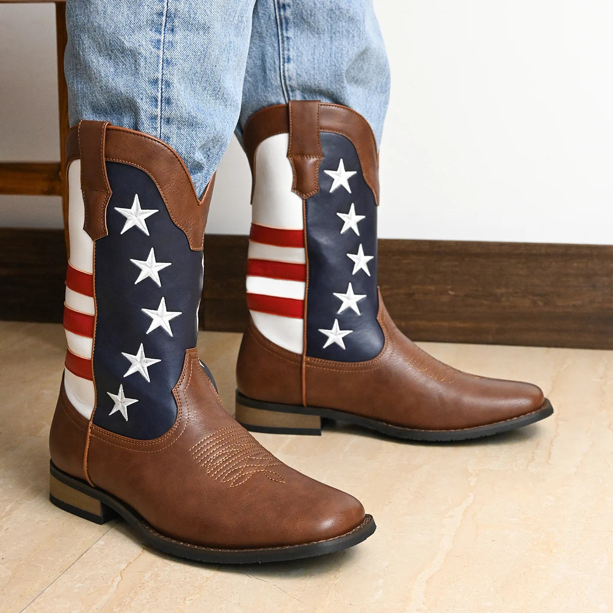 Men's Trendy High Top Cowboys Boots With Stars And Stripes Pattern, Non Slip Comfy Durable Shoes For Outdoor Traveling Walking