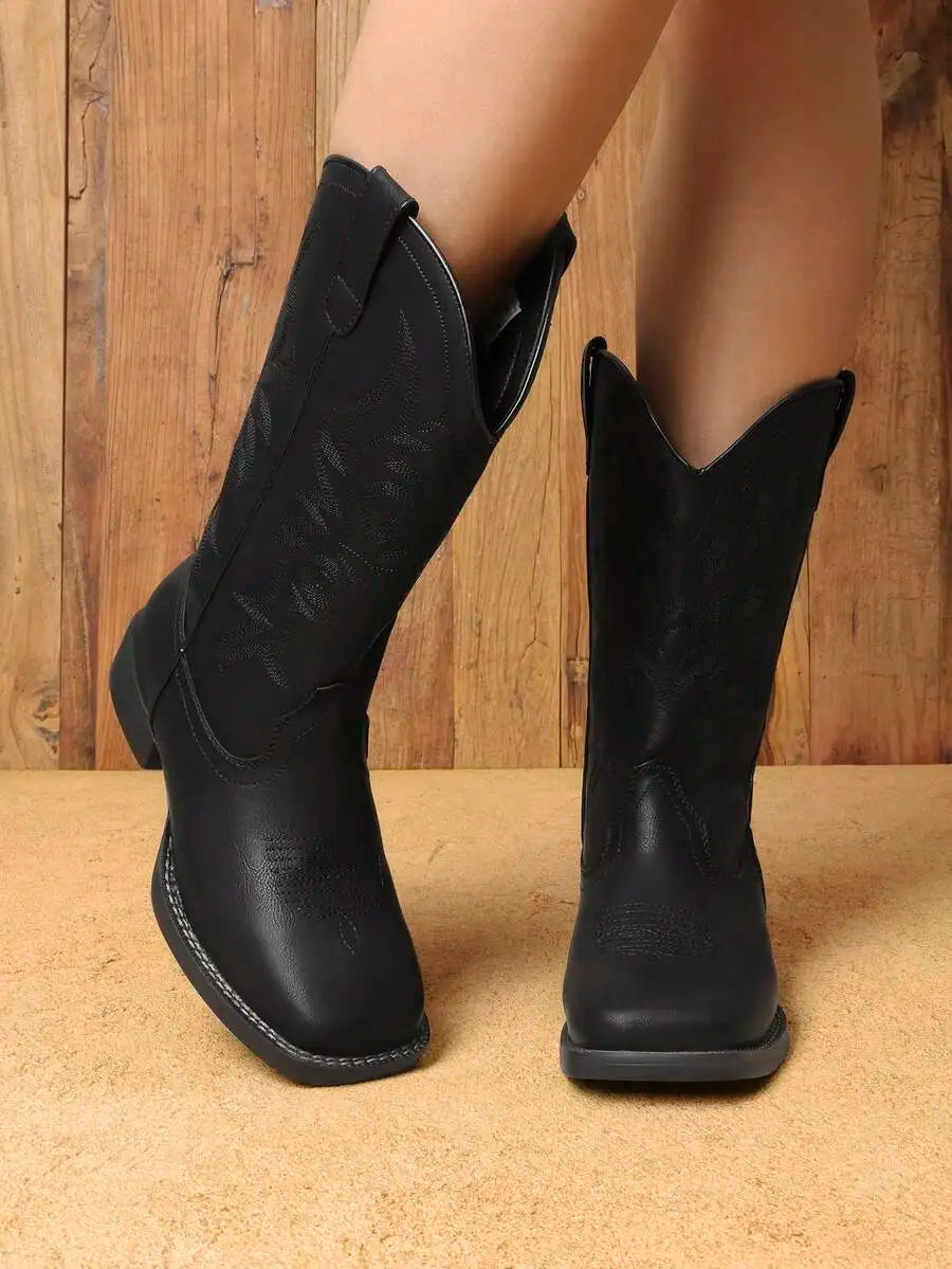 Women's Embroidered Square Toe Western Cowboy Boots With Low Heel