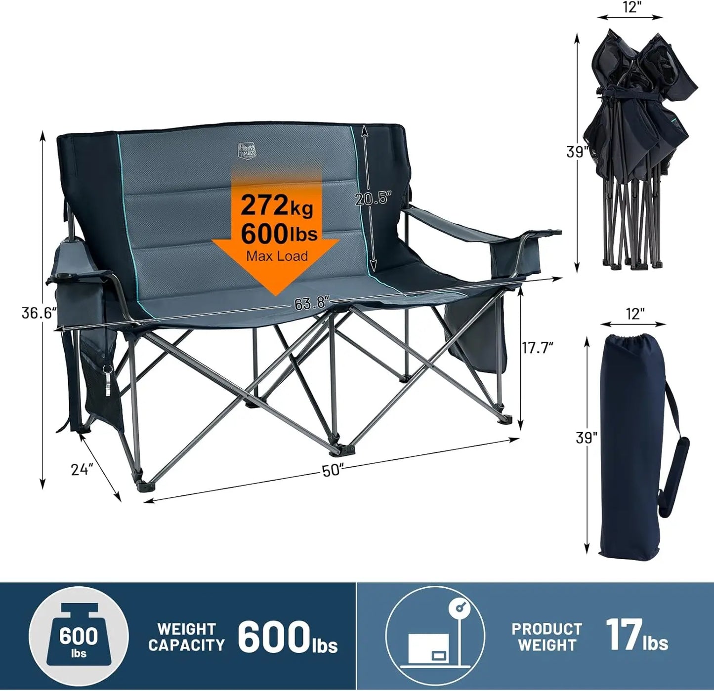 Oversized Double Camping Chair With Wine Glass Holder Supports 600LBS