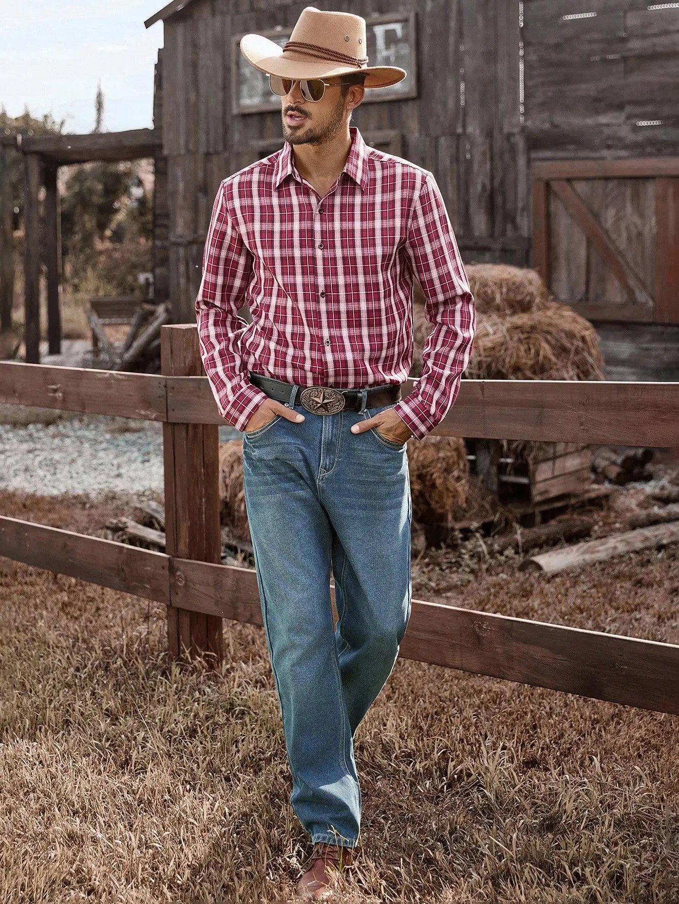 Men's Red White Plaid Long Sleeve Casual Western Shirt, Fall Winter Wear