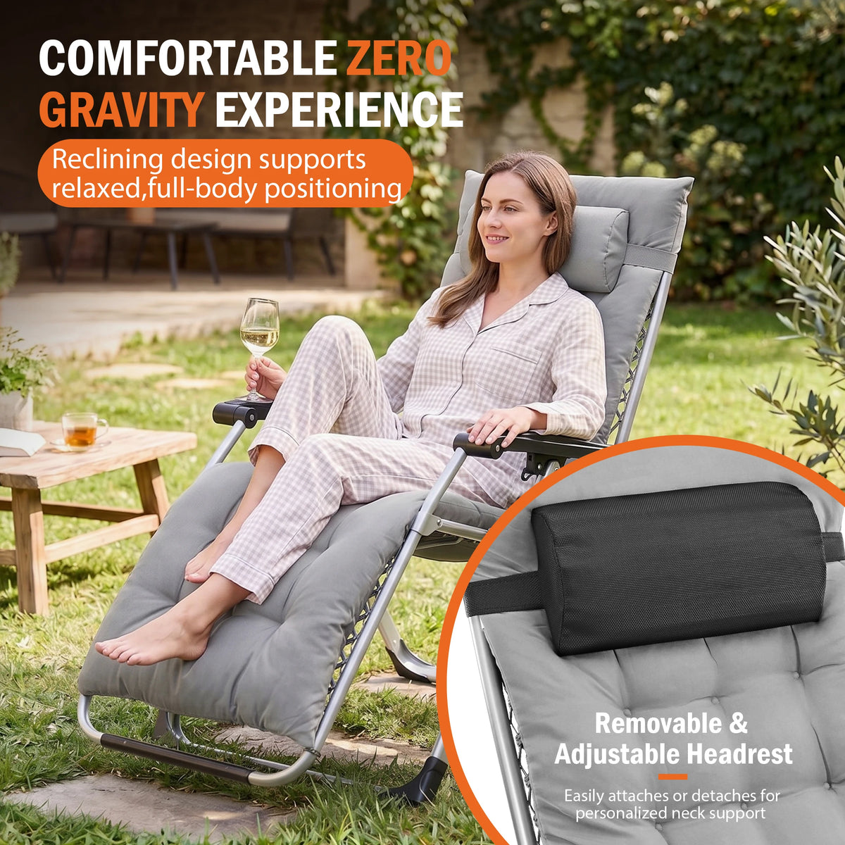JHK Zero Gravity Outdoor Recliner with Cushion and Cup Holders