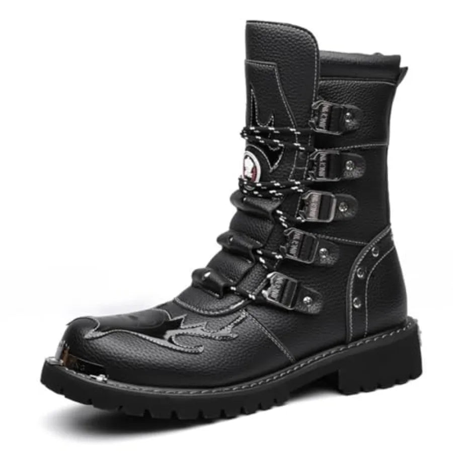 Men S Black Genuine Leather Combat Boots Gothic Skull Style Punk Style Motorcycle Boots Thin Strap High Top Combat Boots Suitab