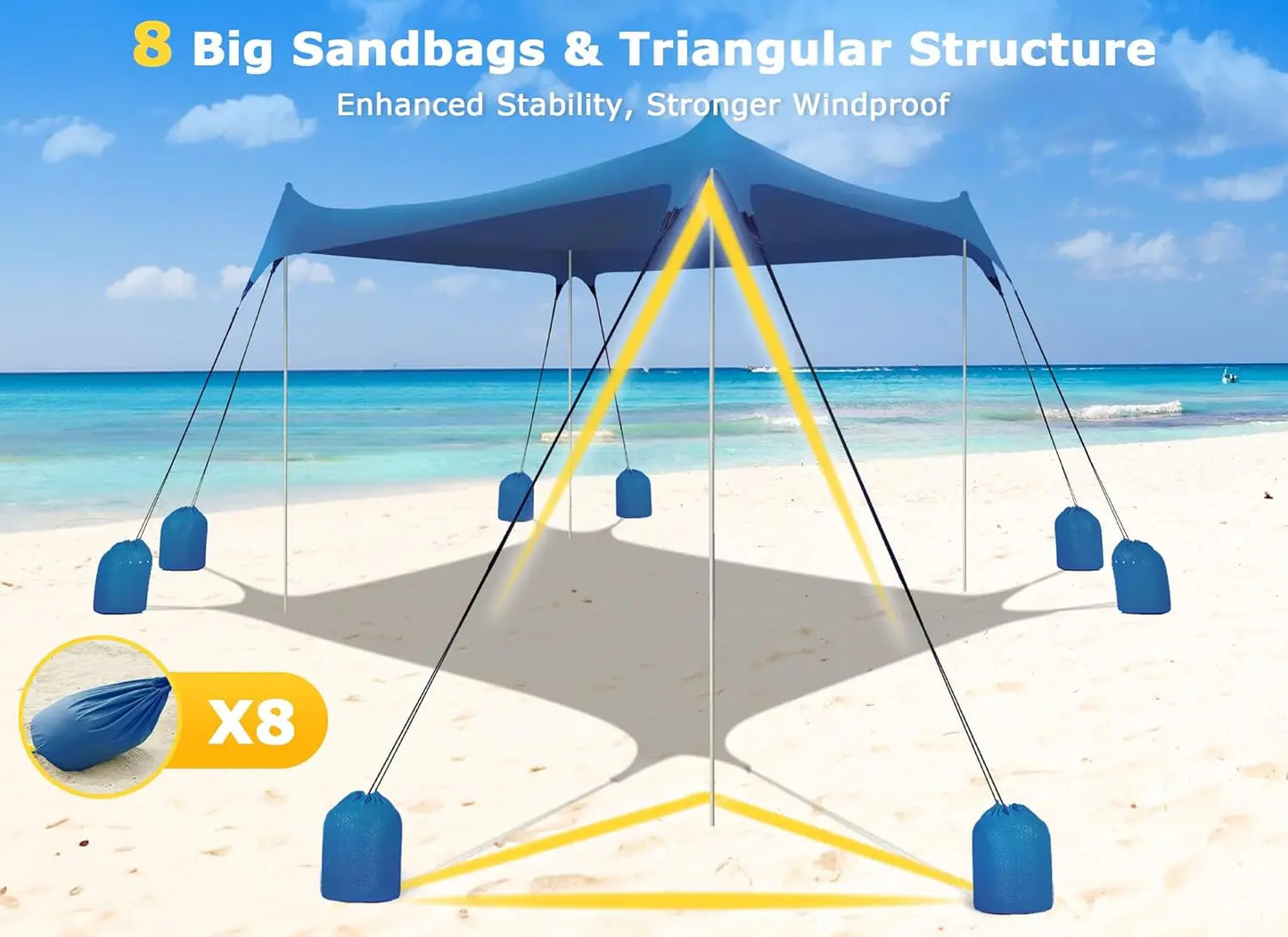 Beach Tent Sun Shelter with 8 Sandbags, UPF50+ Protection & Windproof Pop Up Beach Tent Sun Shade for Family, Travel & Camping,