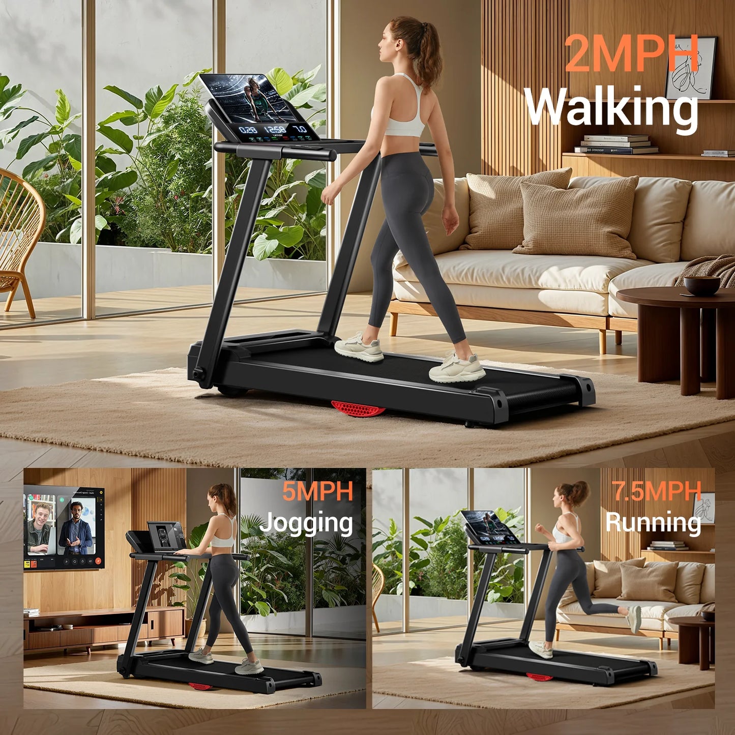 3HP Brushless Foldable Home Treadmill With HR Monitor