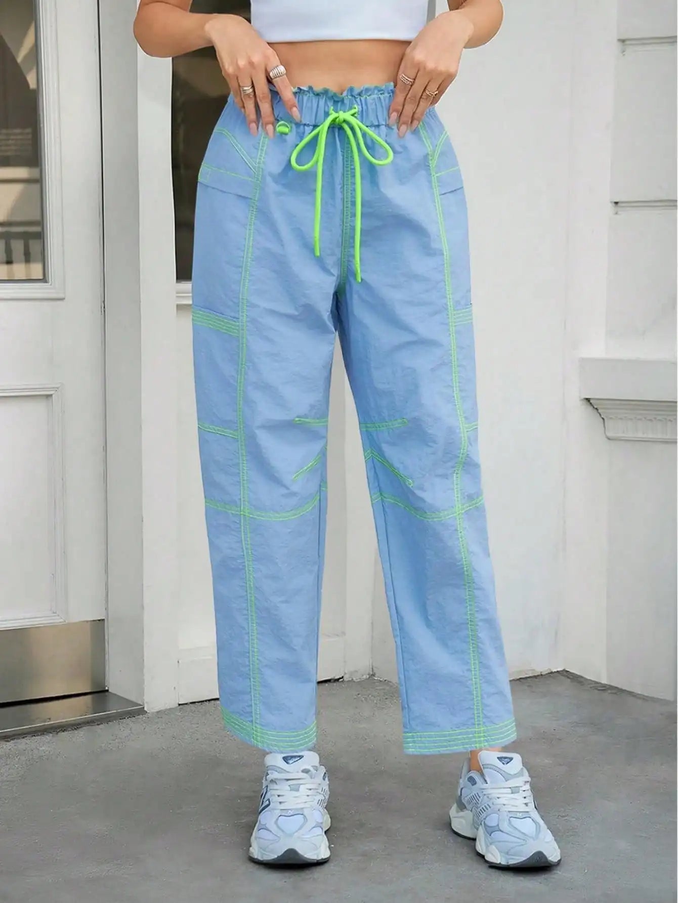 Women's Baggy Cargo Joggers With Pockets - Elastic Waist Lounge Pants  Loose Fit Casual Streetwear Sweatpants Hiking Track Pants