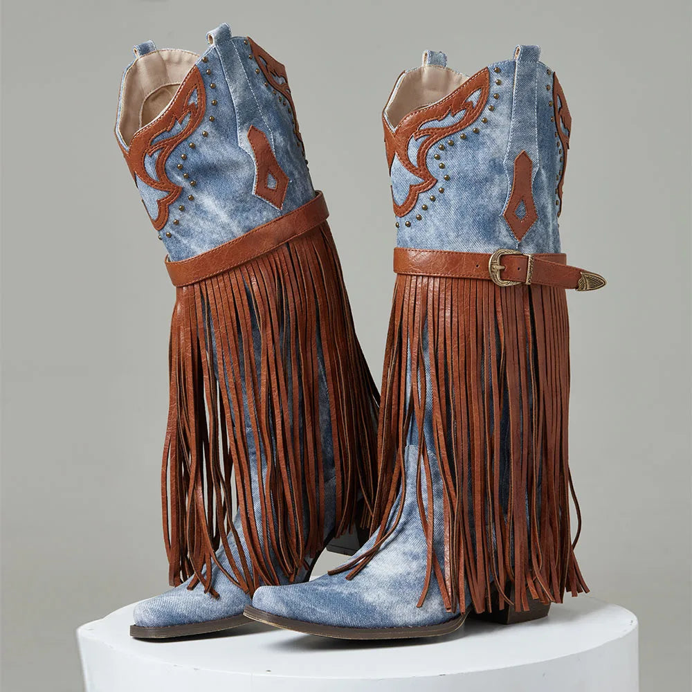 Farm Ou Western Embroidered Cowgirl Boots Fringe Knee High