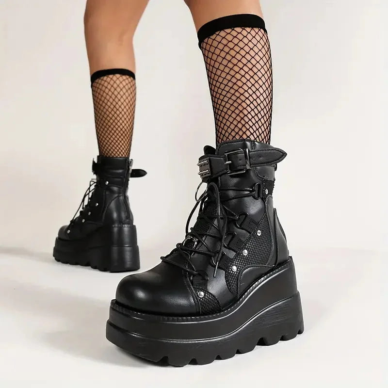 GIGIFOX Womens Goth Cosplay Wedge Combat Ankle Boots