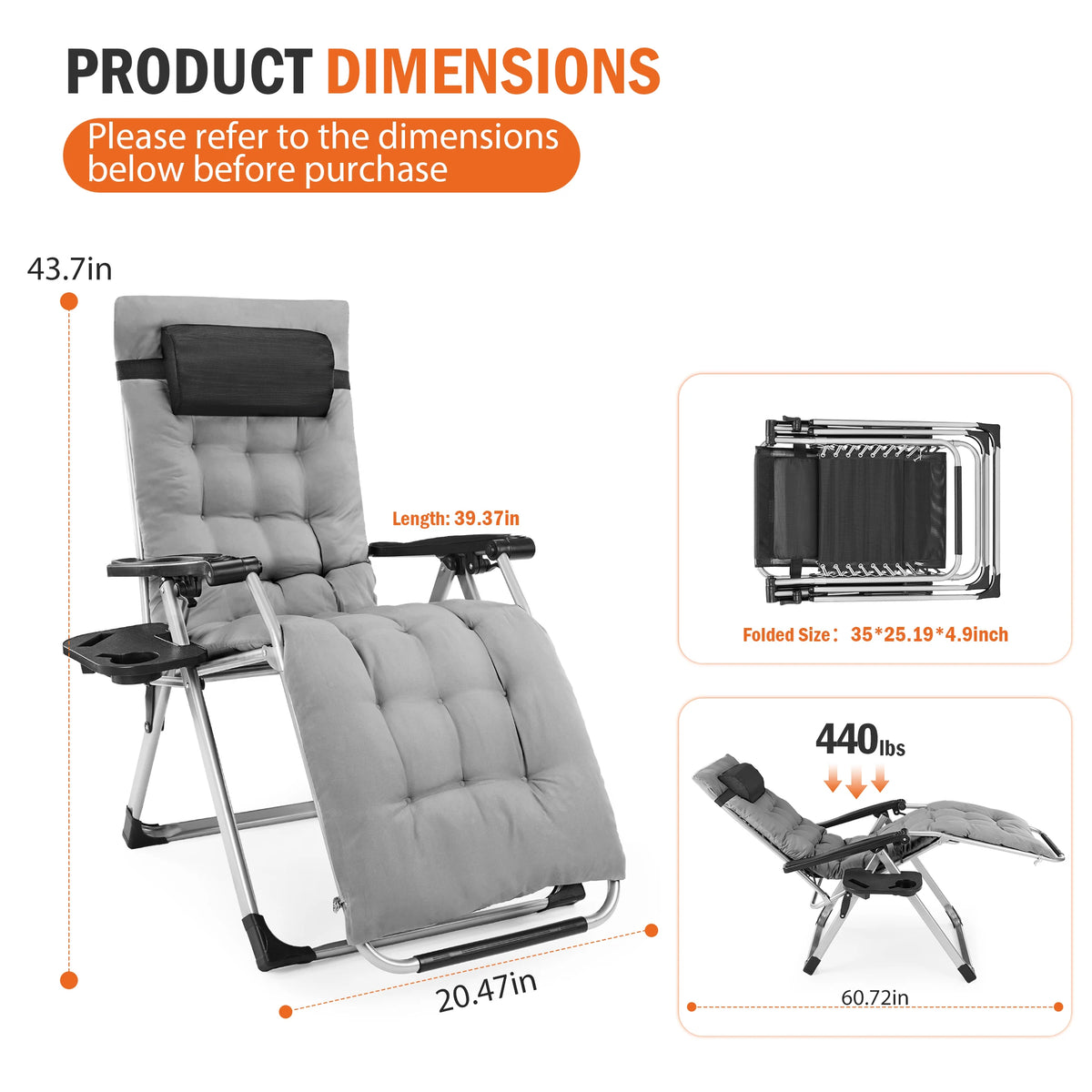 JHK Zero Gravity Outdoor Recliner with Cushion and Cup Holders