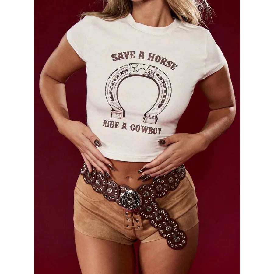 【New style】MISSGUIDED Western Country Style Novelty Crop T-Shirt With Horseshoe Print Cowgirl Baby Tee Country Music Festival F