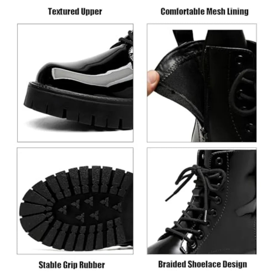 Men'S Black Patent Leather Platform Combat Boots Fashion Side Zipper Wide Toe Lace Up Chunky Lug Sole High Top Motorcycle Boots
