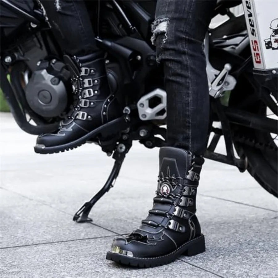 Men S Black Genuine Leather Combat Boots Gothic Skull Style Punk Style Motorcycle Boots Thin Strap High Top Combat Boots Suitab
