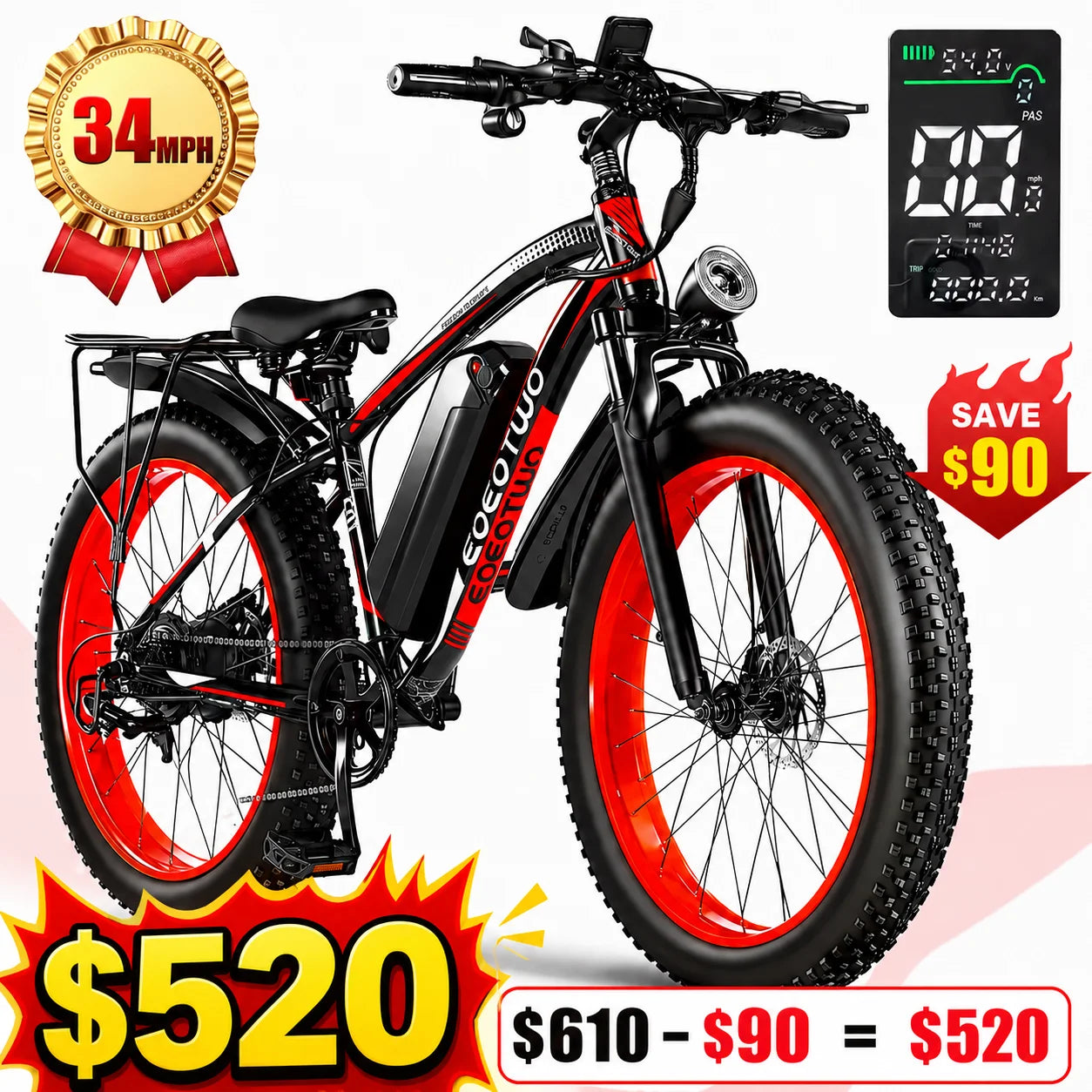EOEOTWO 1500W Fat Tire Electric Bike for Adults 26"x4.0 All Terrain Ebike 34MPH Fast Mountain E-Bike 48V Long Range Snow Beach Bicycle