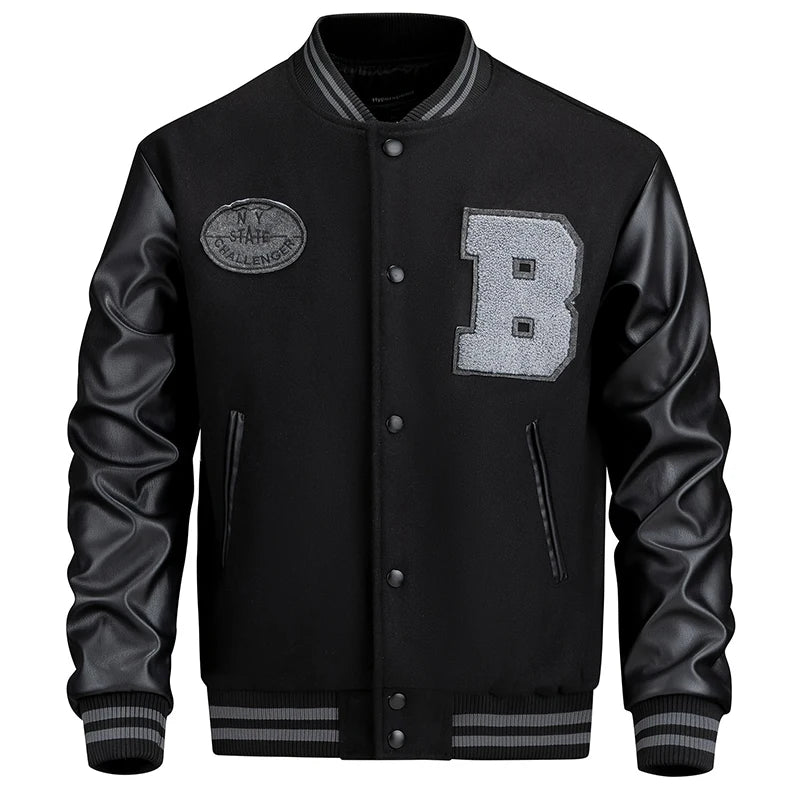 Men's Stylish Varsity Jacket, Button-Up Baseball Jacket With Fancy Embroidered Design & Pockets, Comfortable Fit Outerwear