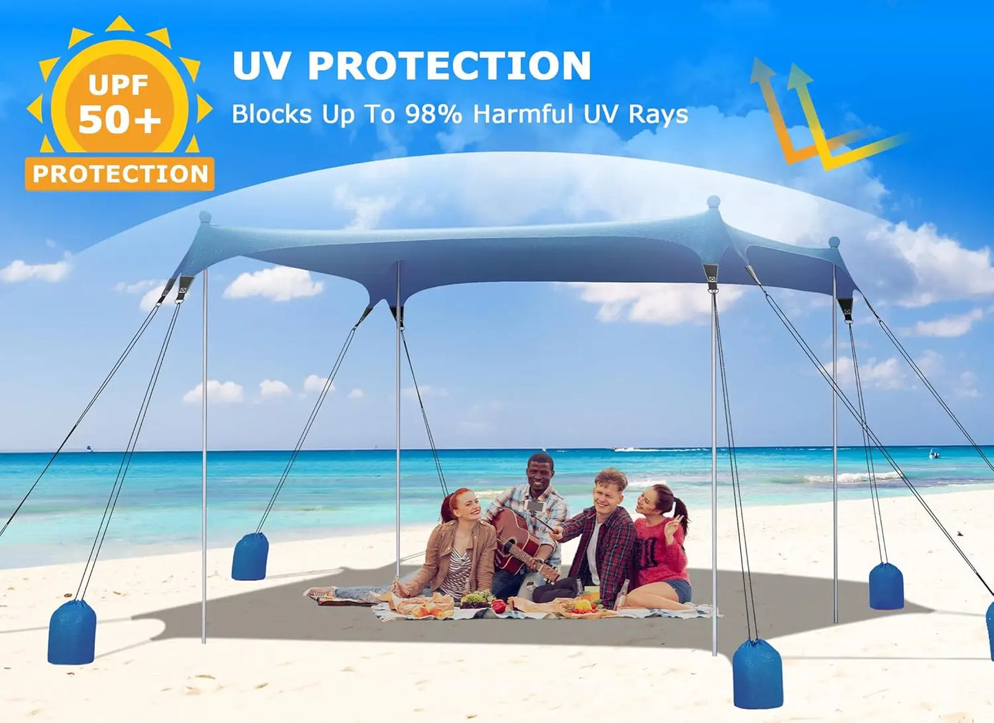 Beach Tent Sun Shelter with 8 Sandbags, UPF50+ Protection & Windproof Pop Up Beach Tent Sun Shade for Family, Travel & Camping,