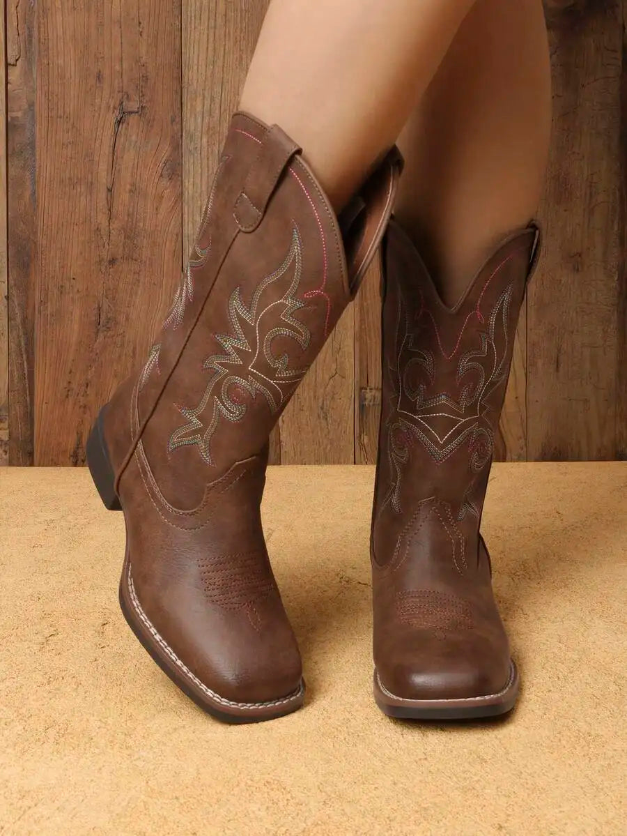Women's Embroidered Square Toe Western Cowboy Boots With Low Heel