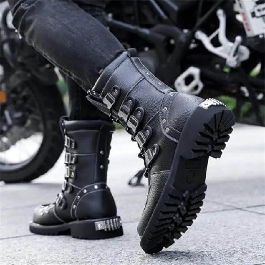 Men S Black Genuine Leather Combat Boots Gothic Skull Style Punk Style Motorcycle Boots Thin Strap High Top Combat Boots Suitab