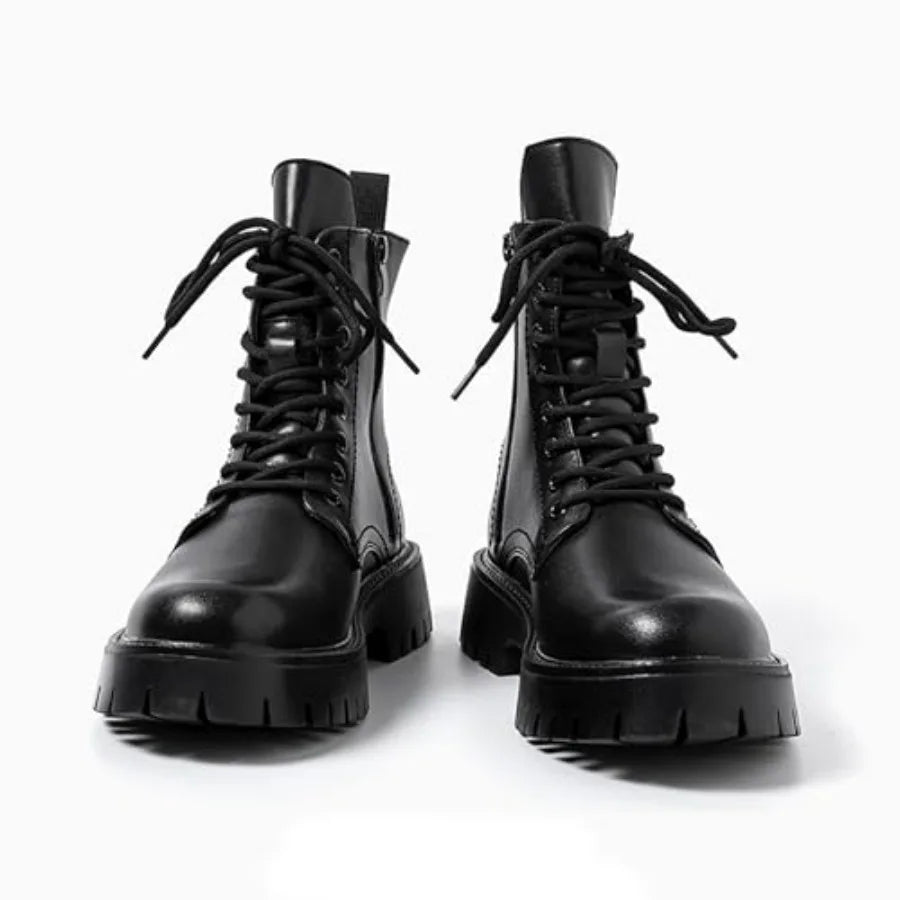 Men'S Black Patent Leather Platform Combat Boots Fashion Side Zipper Wide Toe Lace Up Chunky Lug Sole High Top Motorcycle Boots