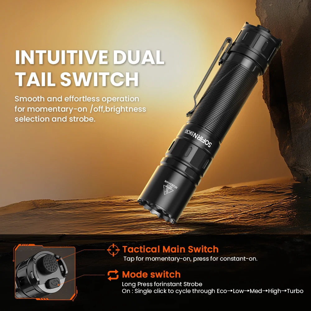 Sofirn SK30 Rechargeable 3000 Lumen Flashlight With Dual Tail Switches