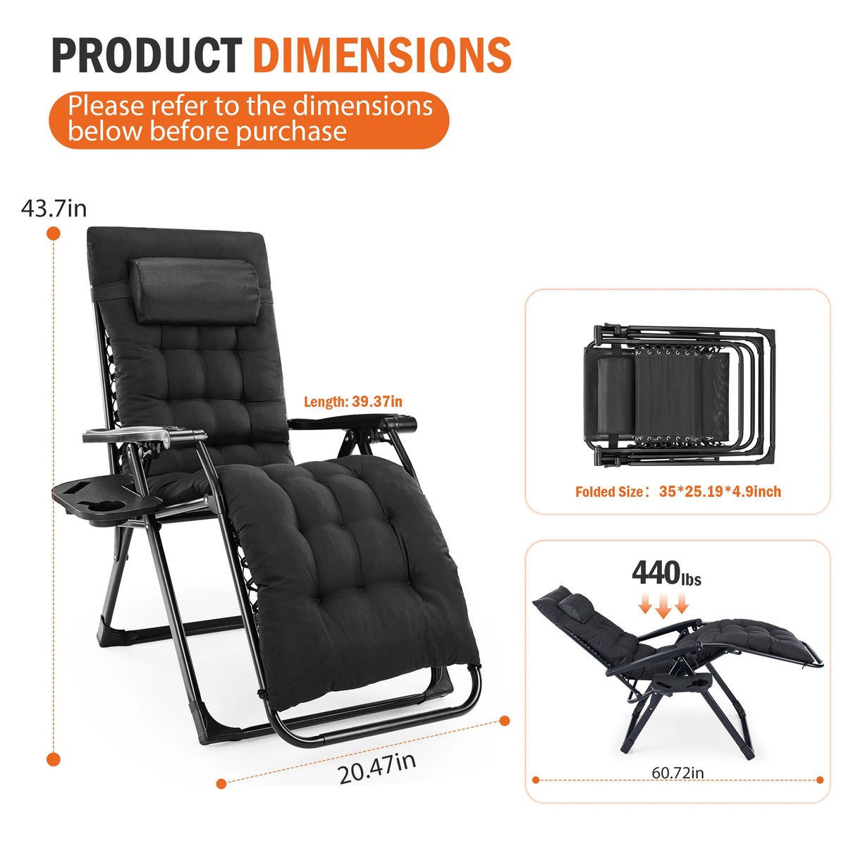 JHK Zero Gravity Outdoor Recliner with Cushion and Cup Holders