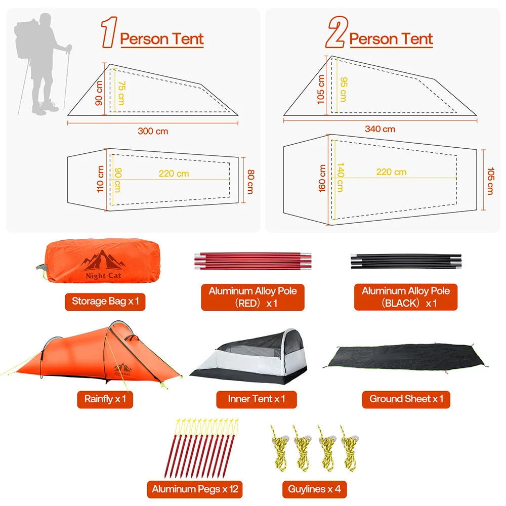 Night Cat Ultralight Waterproof Tunnel Tent for Backpacking and Camping