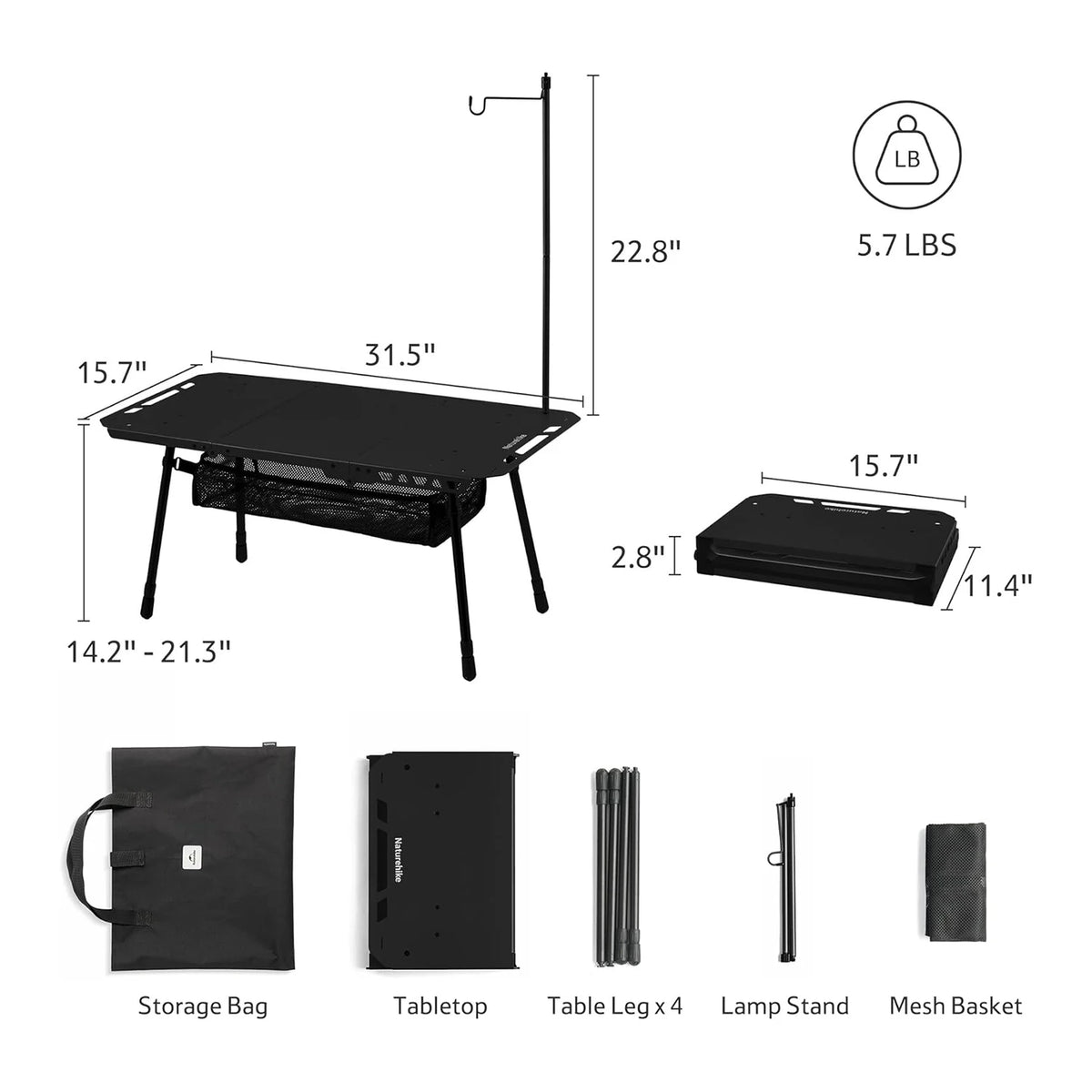 Naturehike H02 IGT Adjustable Folding Camping Table With Storage
