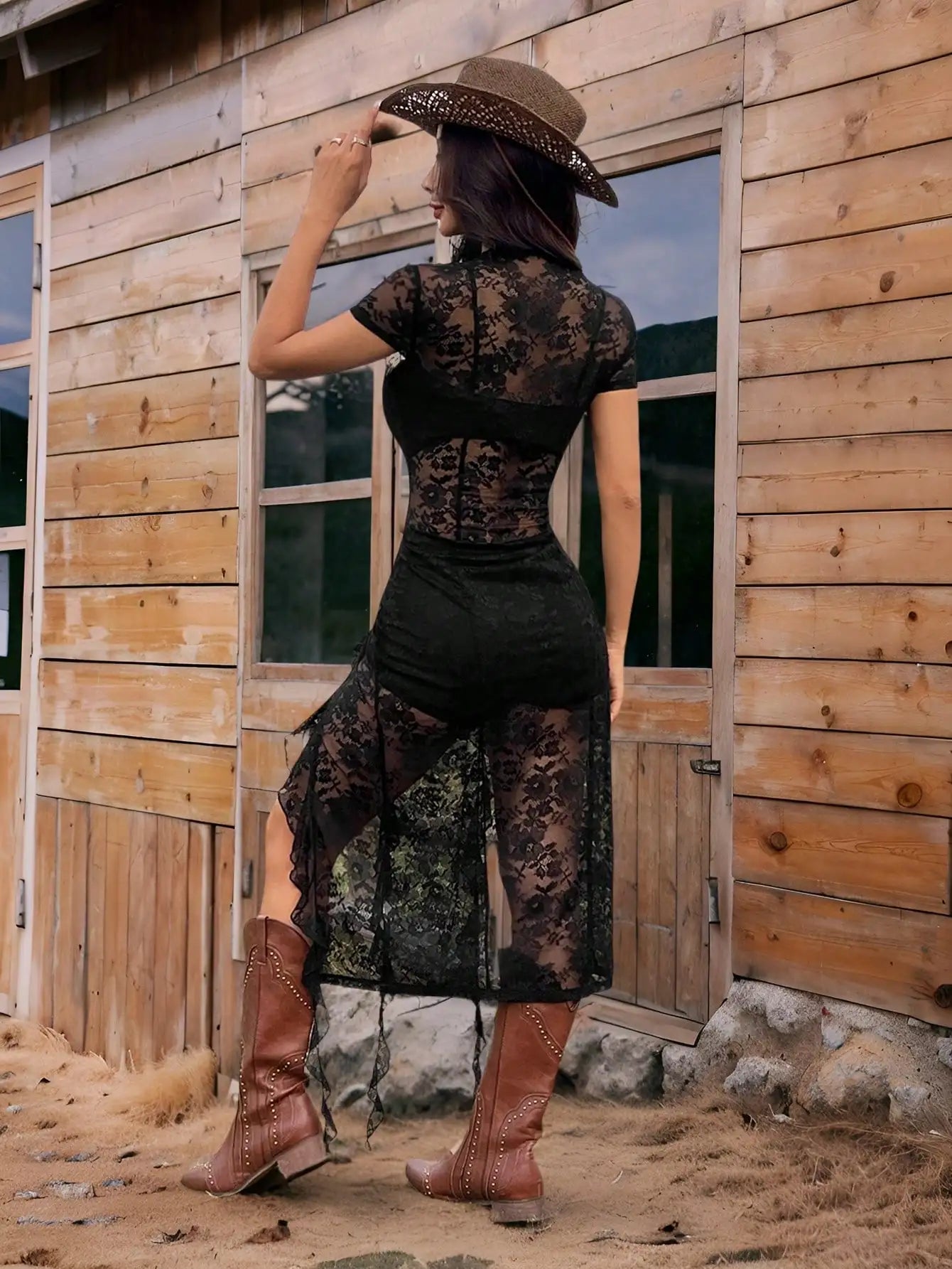 Lace Western Dress With Sheer Overlay For Music Festivals