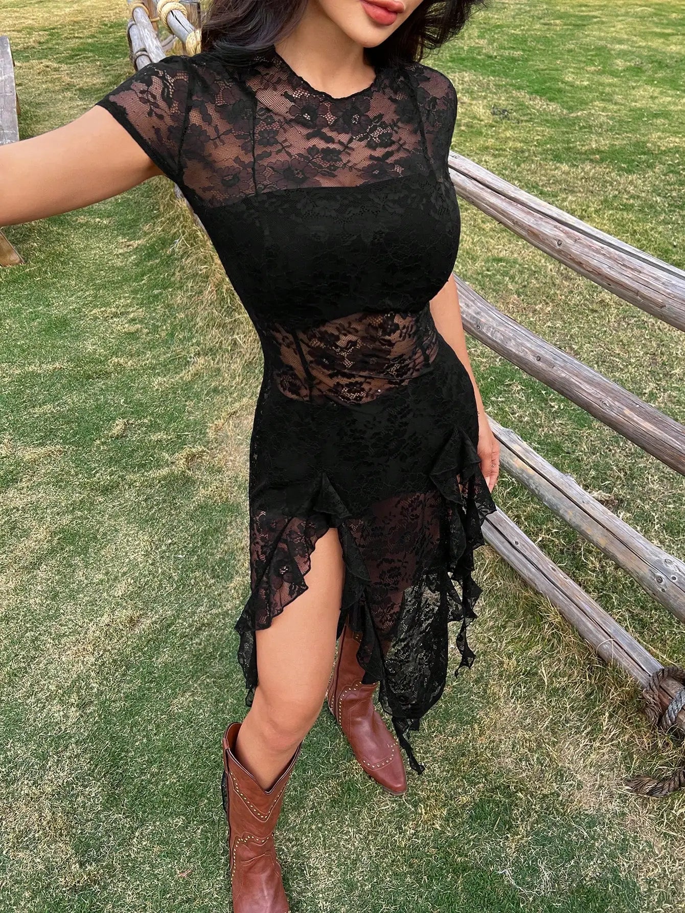 Lace Western Dress With Sheer Overlay For Music Festivals