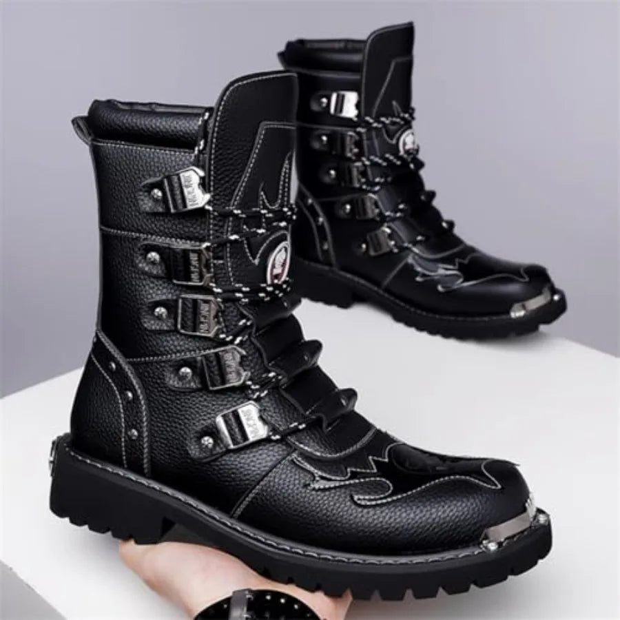 Men S Black Genuine Leather Combat Boots Gothic Skull Style Punk Style Motorcycle Boots Thin Strap High Top Combat Boots Suitab
