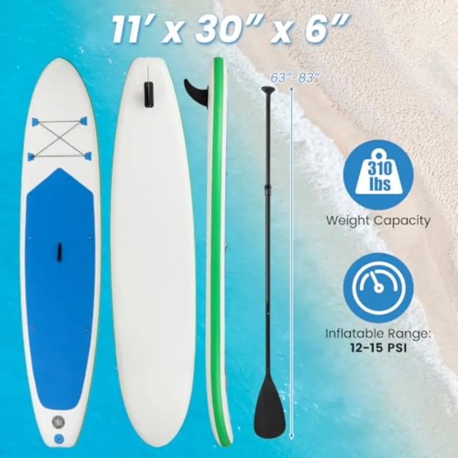 Inflatable Stand Up Paddle Board for outdoor water sports, durable PVC material, blue color, ultra-stable 11/10x30 wide design