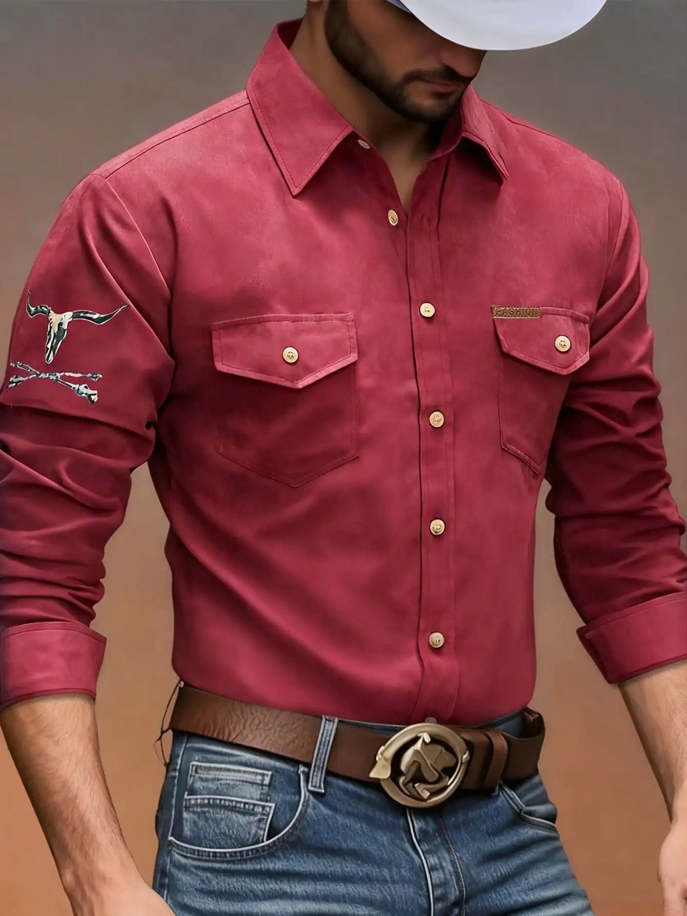 Men's Western Style Long Sleeve Casual Shirt with Skull Embroidery
