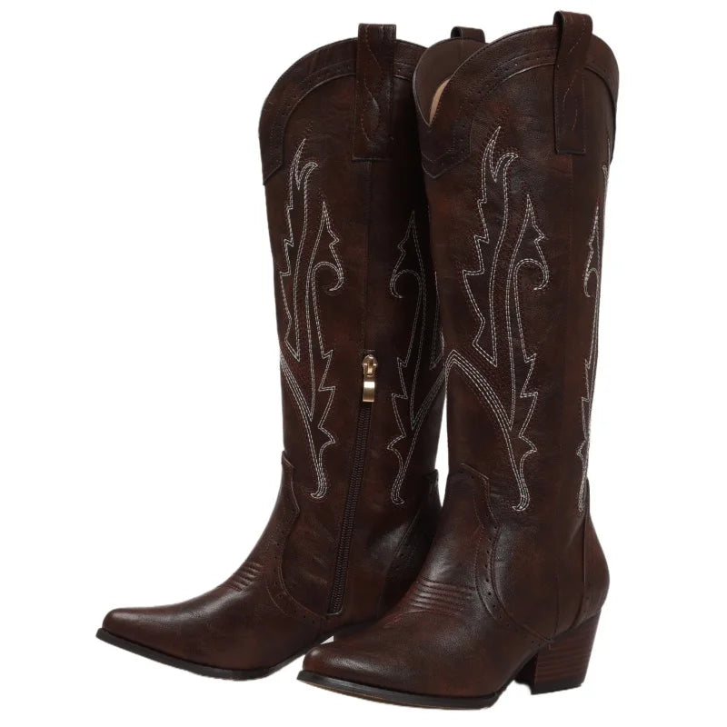 Women Western Cowboy Boots Featuring Embroidery And Block Heel