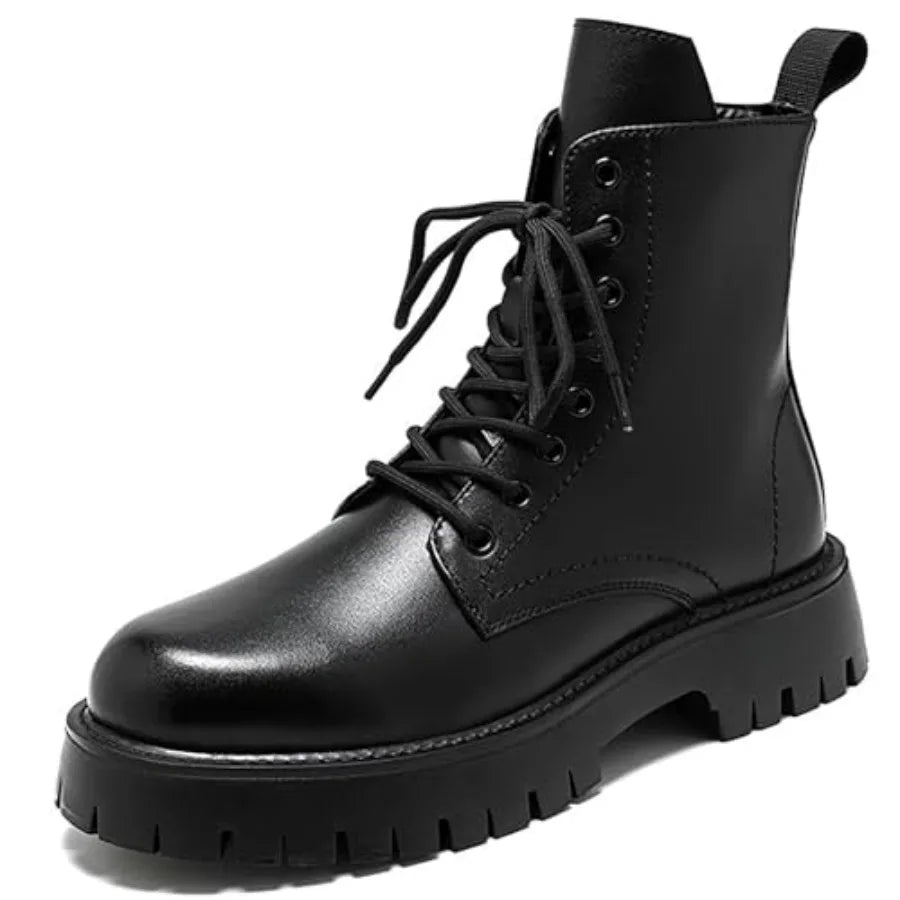 Men'S Black Patent Leather Platform Combat Boots Fashion Side Zipper Wide Toe Lace Up Chunky Lug Sole High Top Motorcycle Boots