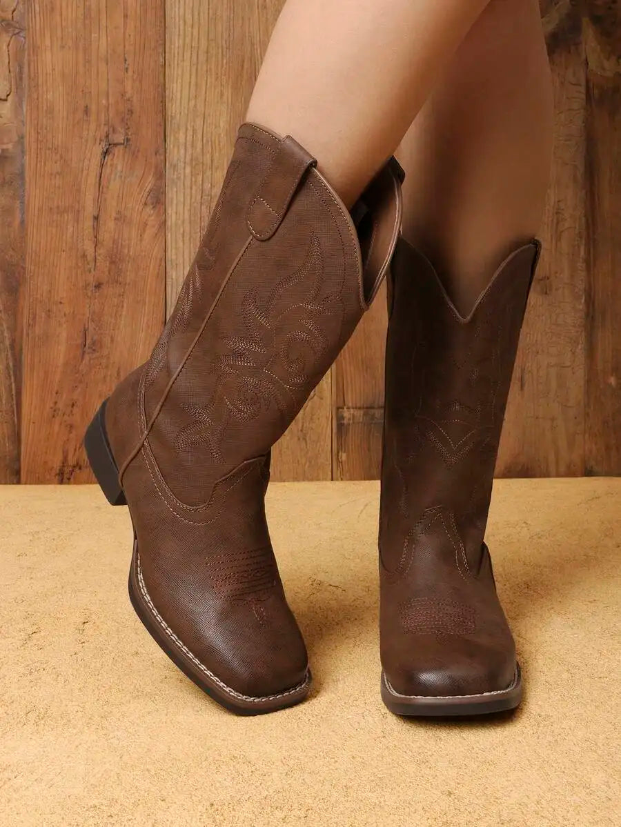 Women's Embroidered Square Toe Western Cowboy Boots With Low Heel