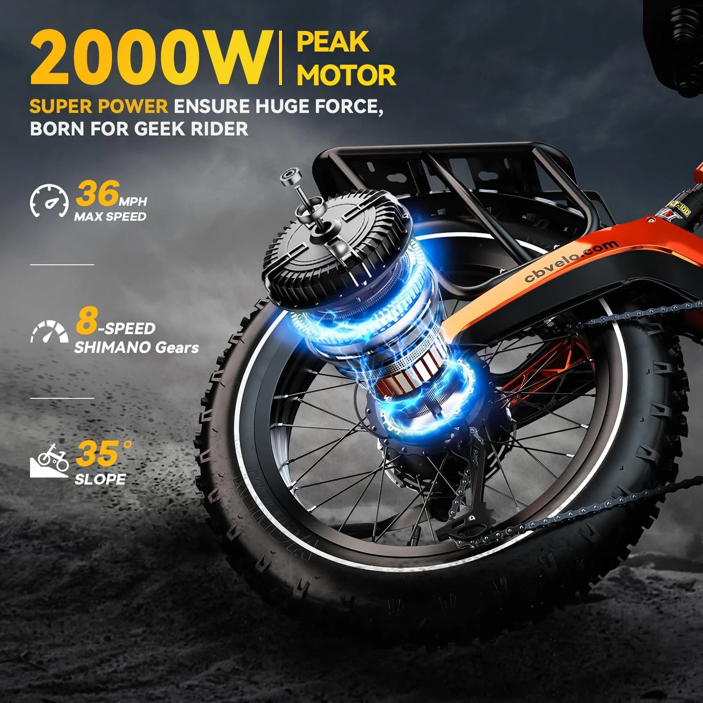 Cybervelo 20” Fat Tire 2000W Peak Motor Luxury Foldable ebike 48V Removable Battery E Bicycle 35+ MPH 100+Miles Long Range EK6