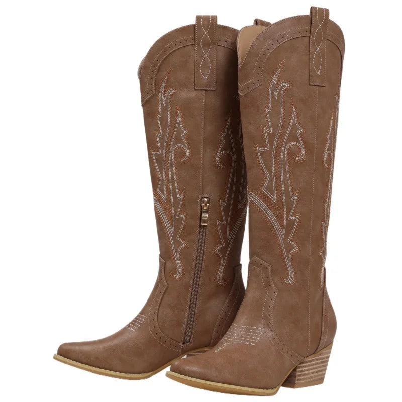 Women Western Cowboy Boots Featuring Embroidery And Block Heel