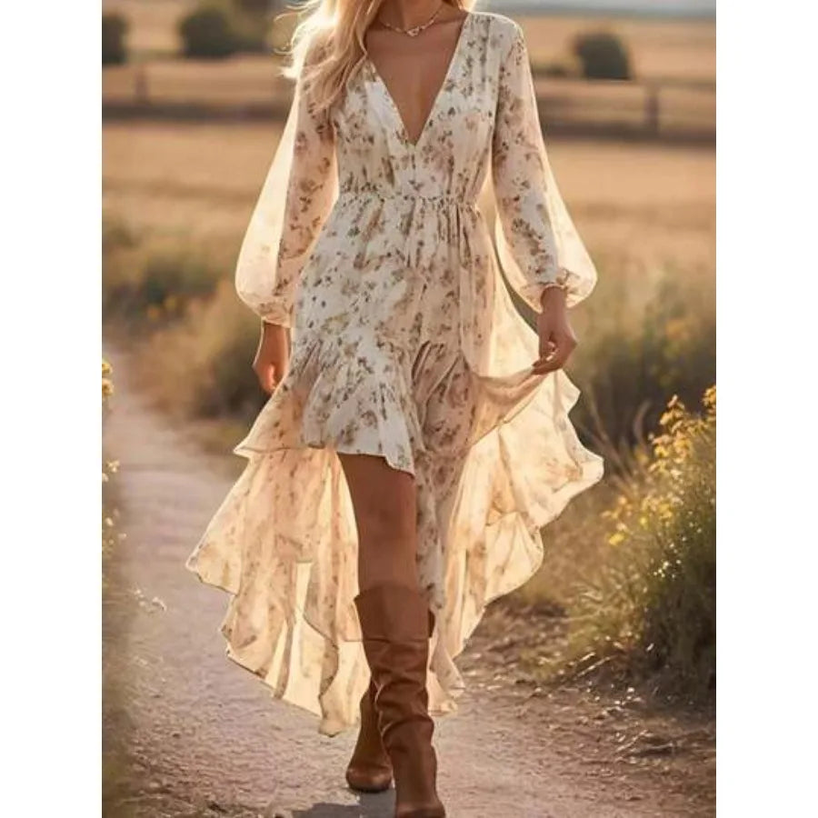 【New style】Women's Boho Floral High Low Dress, V Neck Long Sleeve Ruffle Hem Chiffon Dress, Western Cowgirl Outfit, Wedding Gue
