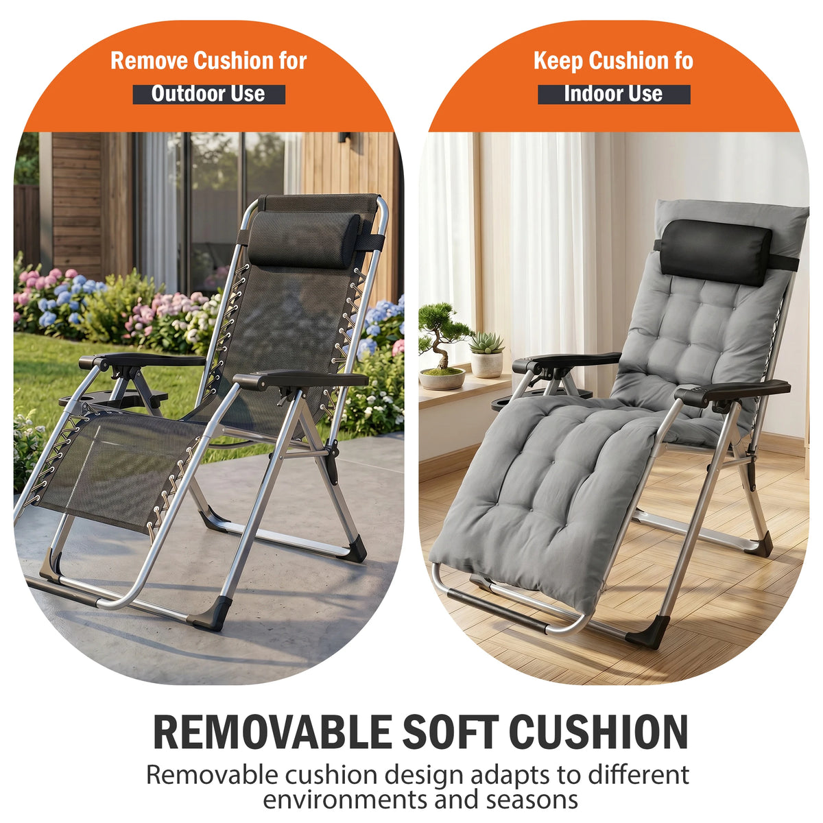 JHK Zero Gravity Outdoor Recliner with Cushion and Cup Holders