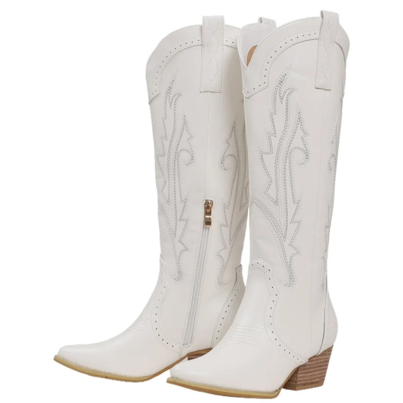 Women Western Cowboy Boots Featuring Embroidery And Block Heel