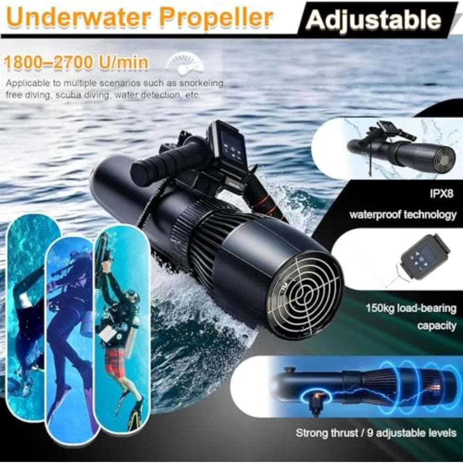 Underwater Scooter for SUP, Pool Diving Snorkeling: 500W/10000 mAh, 130-Min Runtime, 10-Speed 1.9-4.3 MPH,ABS Plastic, Black, L