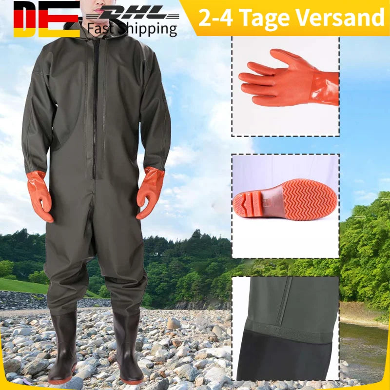Men's Hooded Waterproof Wader Set For Fishing With Boots Gloves