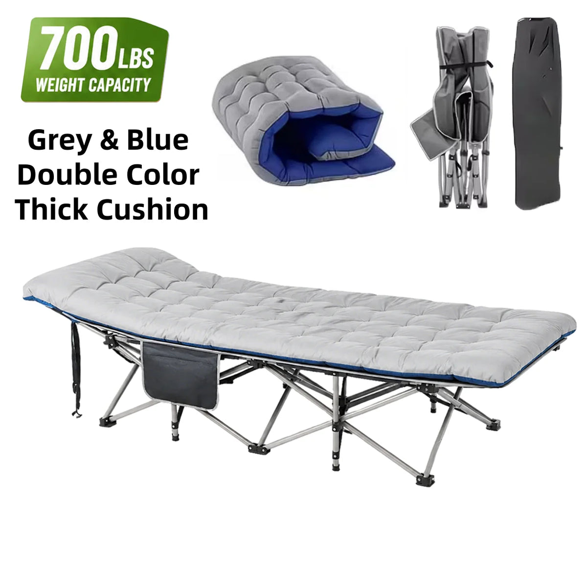 Portable Folding Camping Cot with Thick Mattress and Side Pocket