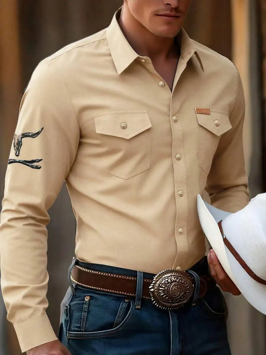 Men's Western Style Long Sleeve Casual Shirt with Skull Embroidery