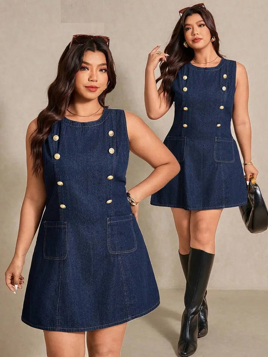 Elaquor Plus-Size Blue Denim Sleeveless Dress With Metal Buckle Embellishments, French-Style Elegant Dress.Formal Dress,Summer