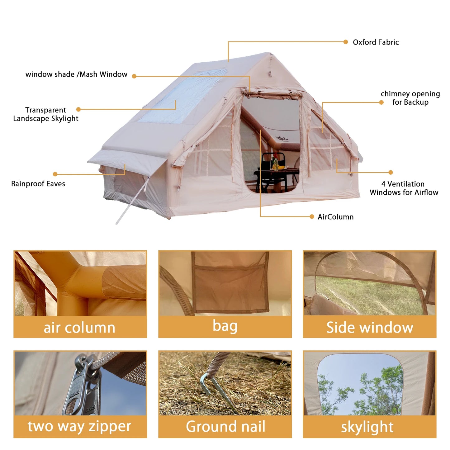 Pakicetus Inflatable Tent With Skylight Quick Setup For Family Camping
