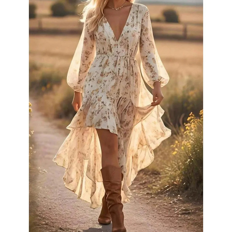 【New style】Women's Boho Floral High Low Dress, V Neck Long Sleeve Ruffle Hem Chiffon Dress, Western Cowgirl Outfit, Wedding Gue