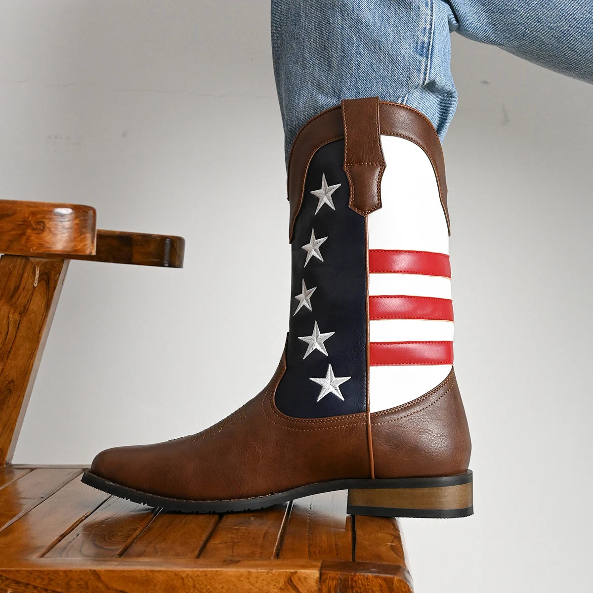 Men's Trendy High Top Cowboys Boots With Stars And Stripes Pattern, Non Slip Comfy Durable Shoes For Outdoor Traveling Walking